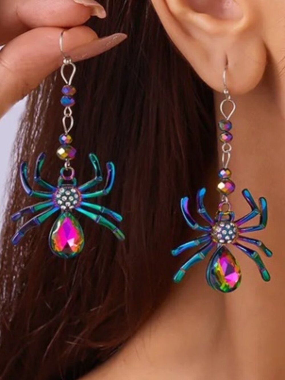 DESIGNER Goth Spider Blue/Green/Purple Metallic Bead & Crystal Drop Earrings